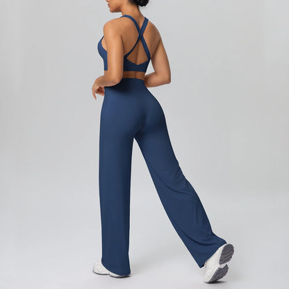 Athletik-Yoga-Set mit Brustpads in Marineblau: Rückenkreuz-Top und weite Hose