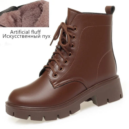 Winterstiefel Damen braun, Schnürung, Kunstfellkragen, profilierte Sohle