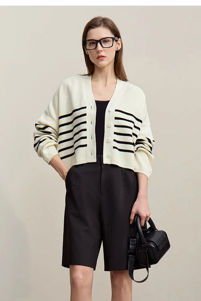 Damen-Strickjacke Baumwolle V-Ausschnitt Kontraststreifen kurz Raglan Frühling