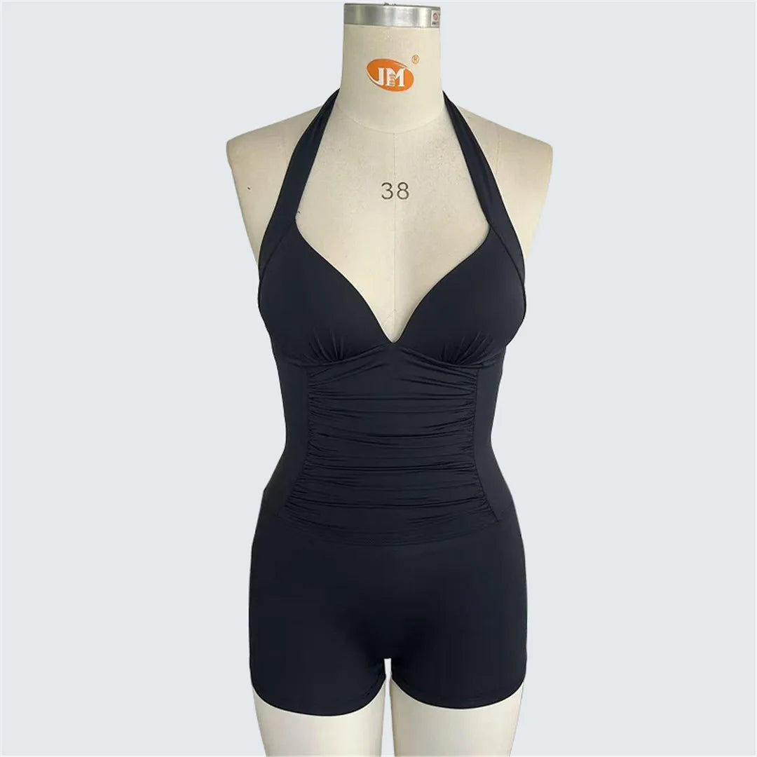 Damen-Badeanzug Neckholder V-Ausschnitt gerafft Shorts Monokini
