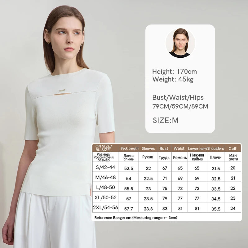 Kurzärmeliger Sommerpullover mit Stehkragen, glatter Strick, weißes Damenoberteil