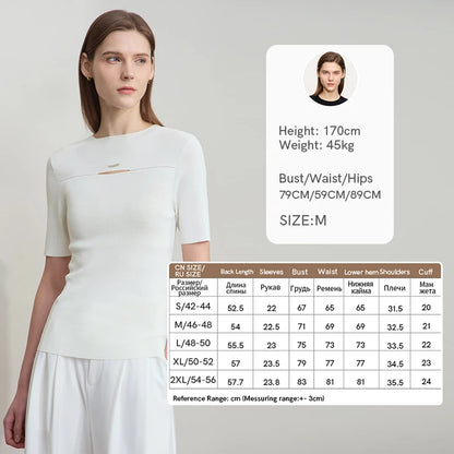 Kurzärmeliger Sommerpullover mit Stehkragen, glatter Strick, weißes Damenoberteil
