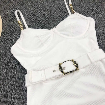 Damen-Badeanzug Rippe Gürtel High-Cut Bodysuit einteilig