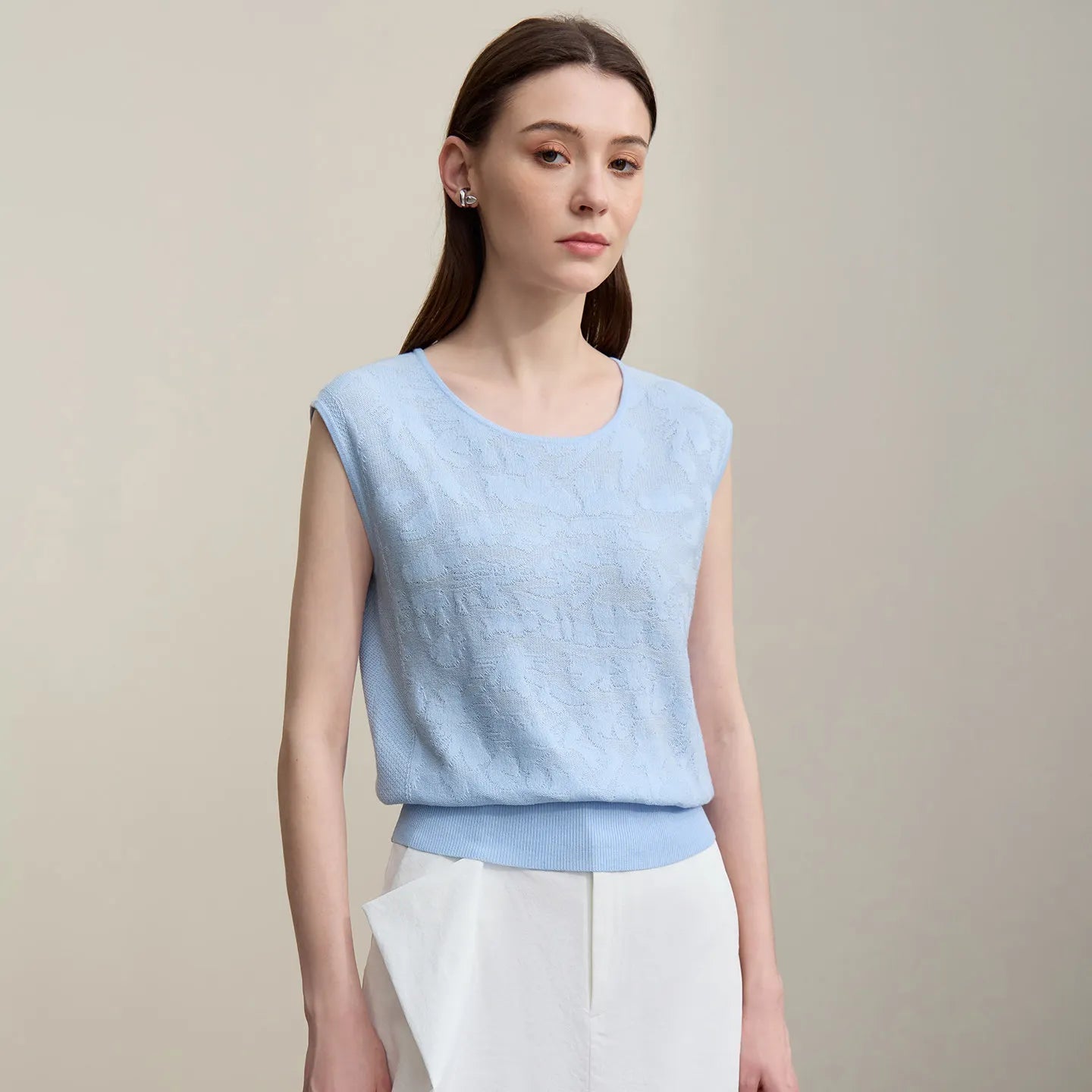 Damen-Rundhalspullover ärmellos Jacquard locker kurz Viskose Sommer