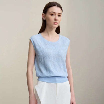 Damen-Rundhalspullover ärmellos Jacquard locker kurz Viskose Sommer