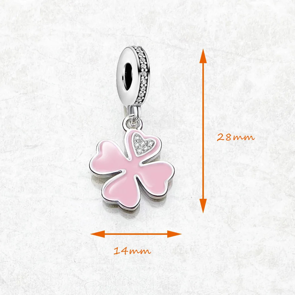 Damen-Charm-Anhänger rosa Kleeblatt weißer Stein Glück aus Sterlingsilber