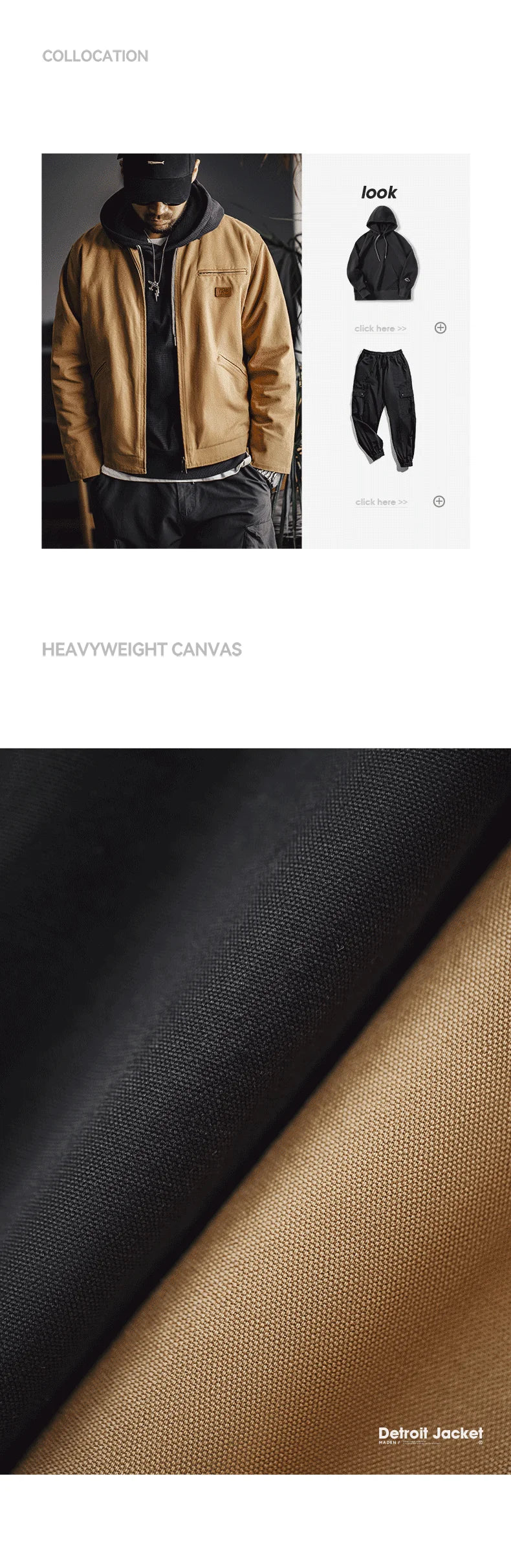 Herren Jacke Retro Canvas Detroit schwere Taschen Reverskragen Reißverschlussmantel