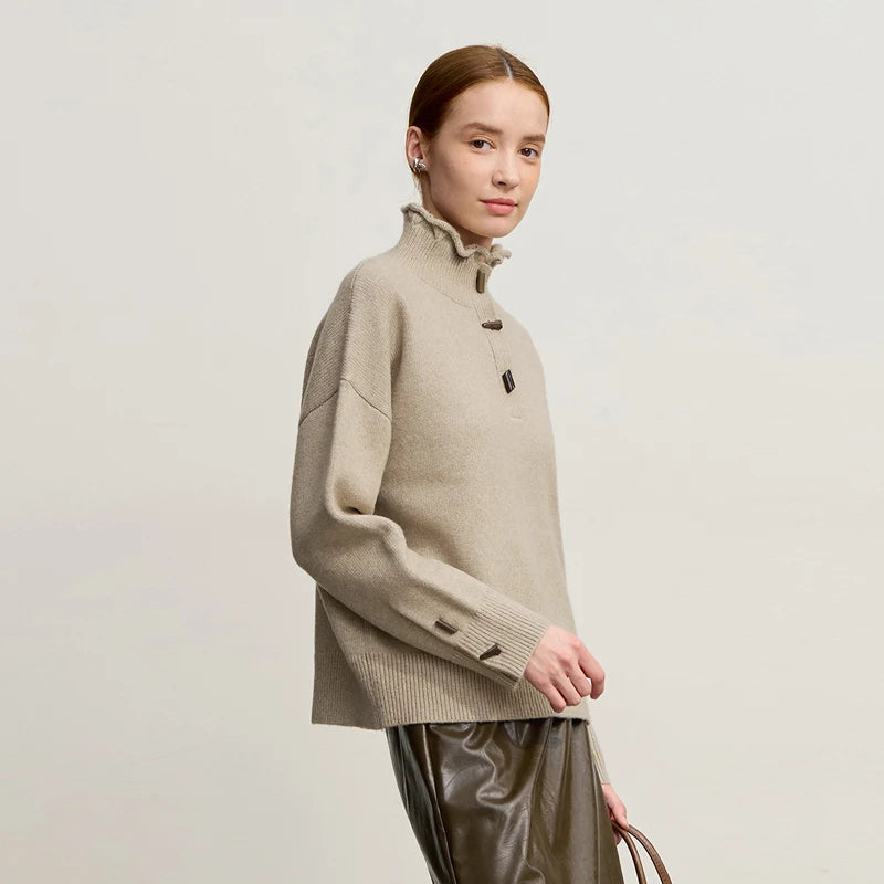 Damen-Rollkragenpullover locker Knopf Raglanärmel Winter