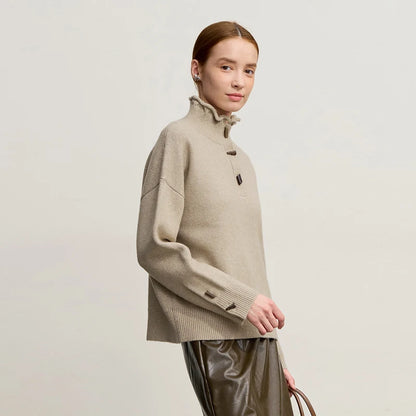 Damen-Rollkragenpullover locker Knopf Raglanärmel Winter