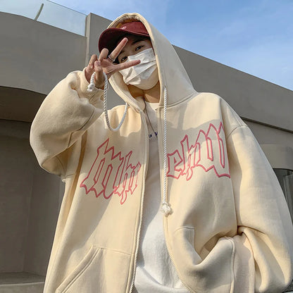 Herren Hoodie mit Gothic Letter Foam Print und Reißverschluss für Streetwear