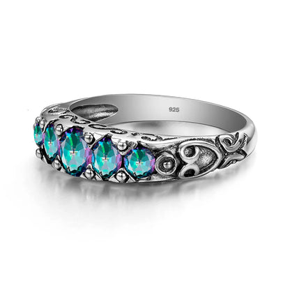 Damen-Ring aus Silber 925 mit Regenbogen-Topas Fünfstein-Design Gewölbter Bund Hochwertiges Geschenk