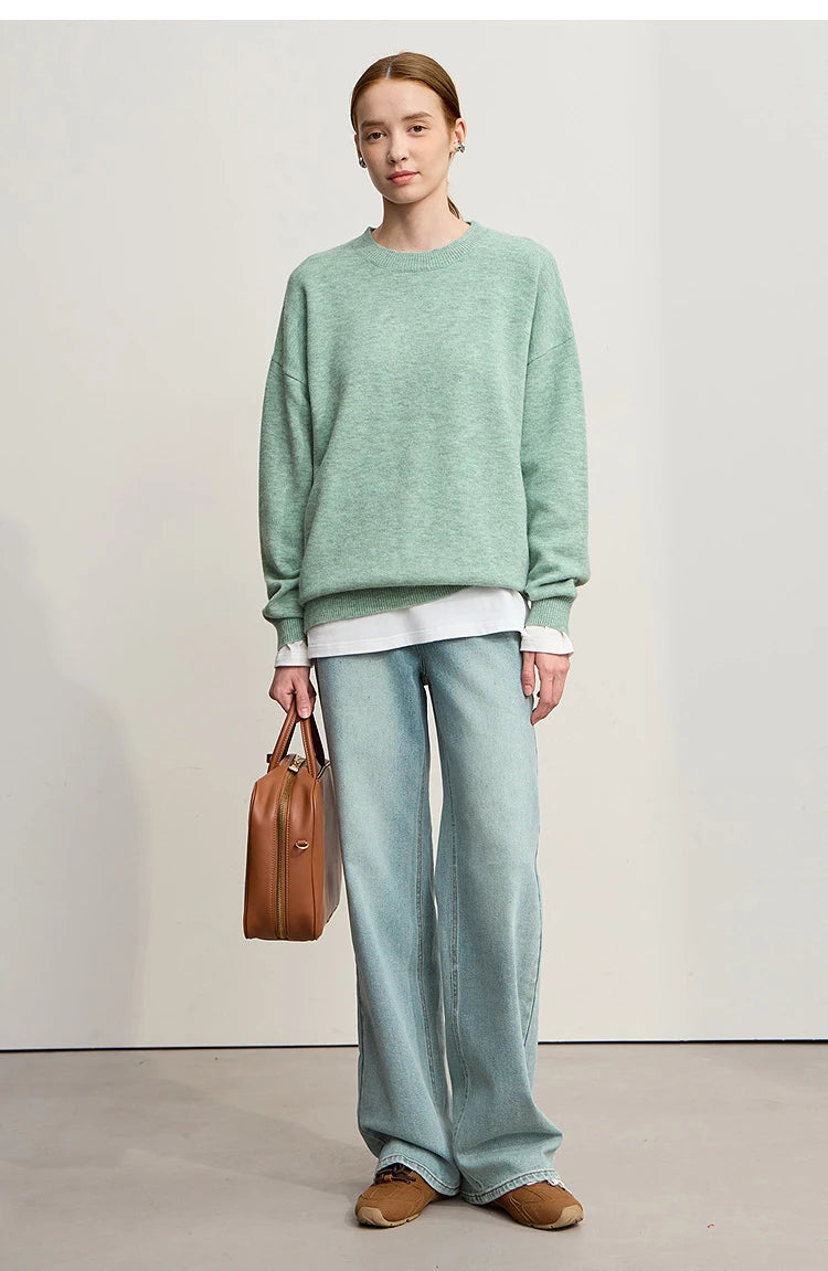 Minimalistischer Damen-Strickpullover, hellgrün, O-Ausschnitt, lockere Passform
