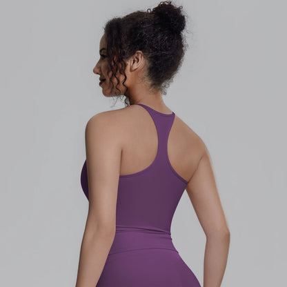 Damen-Sportweste mit Racerback, lila, mit Brustpolster, schmaler Trägeransicht von hinten