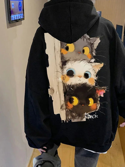 Frühling männer Cartoon Katzen Grafik Druck Hoodies Hip Hop Mode Mit Kapuze Sweatshirt Übergroßen Langarm Y2K Streetwear Hoodie