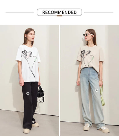 Damen T-Shirt im Minimalismus-Stil mit O-Neck und coolen Ink-Art Print