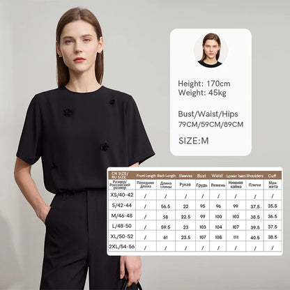 Damen Top im minimalistischen Stil mit elegantem O-Ausschnitt und Pailletten-Blume