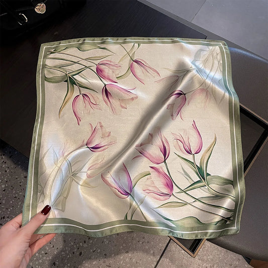 Damen Seidenschal 53cm quadratisch Blumenprint Luxus Hijab Bandana F
