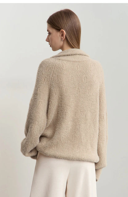Damen-Rollkragenpullover Reißverschluss Nerz-Optik locker Winter