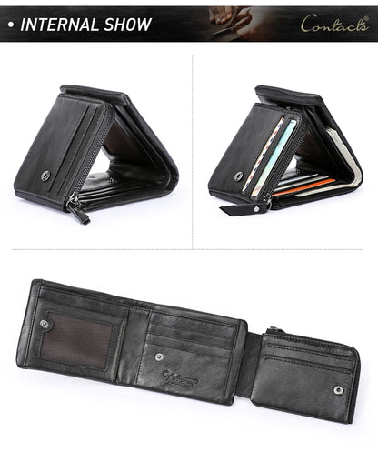 Herren Echtleder Geldbörse Vintage Trifold Haspe Reißverschluss Kartenhalter Geldclip