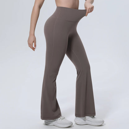 High-Waist Yoga-Leggings, braun, gerader Sitz vorne, weites Schlagbein