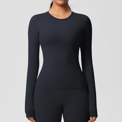 Damen-Langarm-Workout-Top, schwarz, figurbetont, Rundhals, lange Ärmel