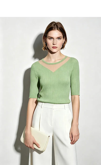 Damen-Rundhalspullover Mesh-Panel Slim Kurzarm Viskose Sommer