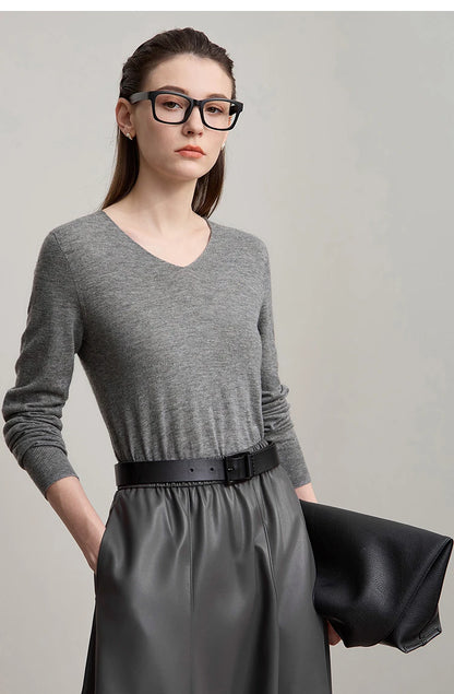 Damen V-Ausschnitt Pullover 100 % Wolle vielseitig Langarm Herbst
