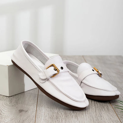 Lederschuhe Slipper mit Schnallenriemen, weiße Optik, eleganter Zehenbereich