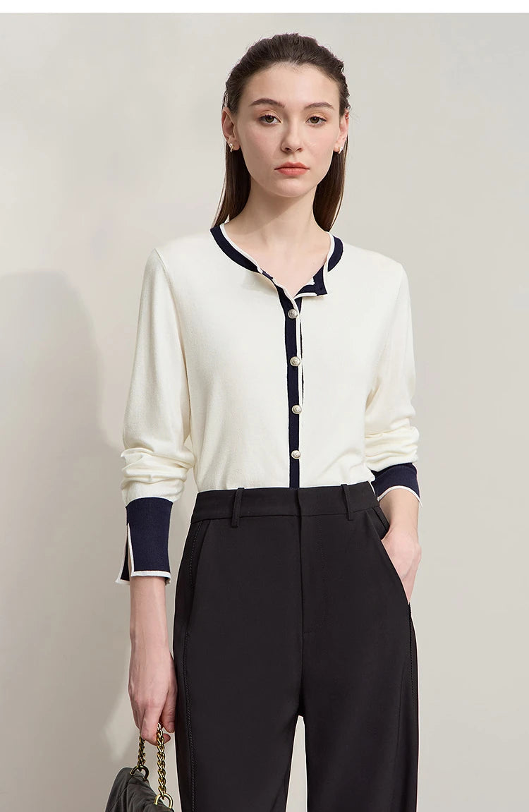 Damen-Strickjacke Rundhals Patchwork gerade elegant vielseitig Herbst