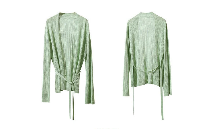 Damen-Strickjacke Lyocell V-Ausschnitt Glockenärmel Gürtel locker Frühling