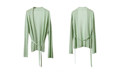 Damen-Strickjacke Lyocell V-Ausschnitt Glockenärmel Gürtel locker Frühling