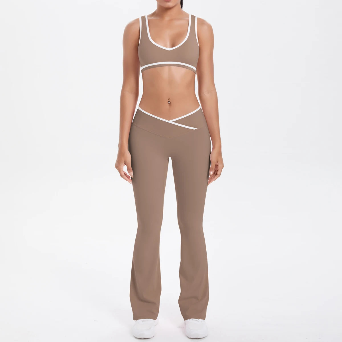 Yoga-Set mit Sport-BH und Leggings, hoher Bund, cocoa-braun mit hellen Kontrastborten
