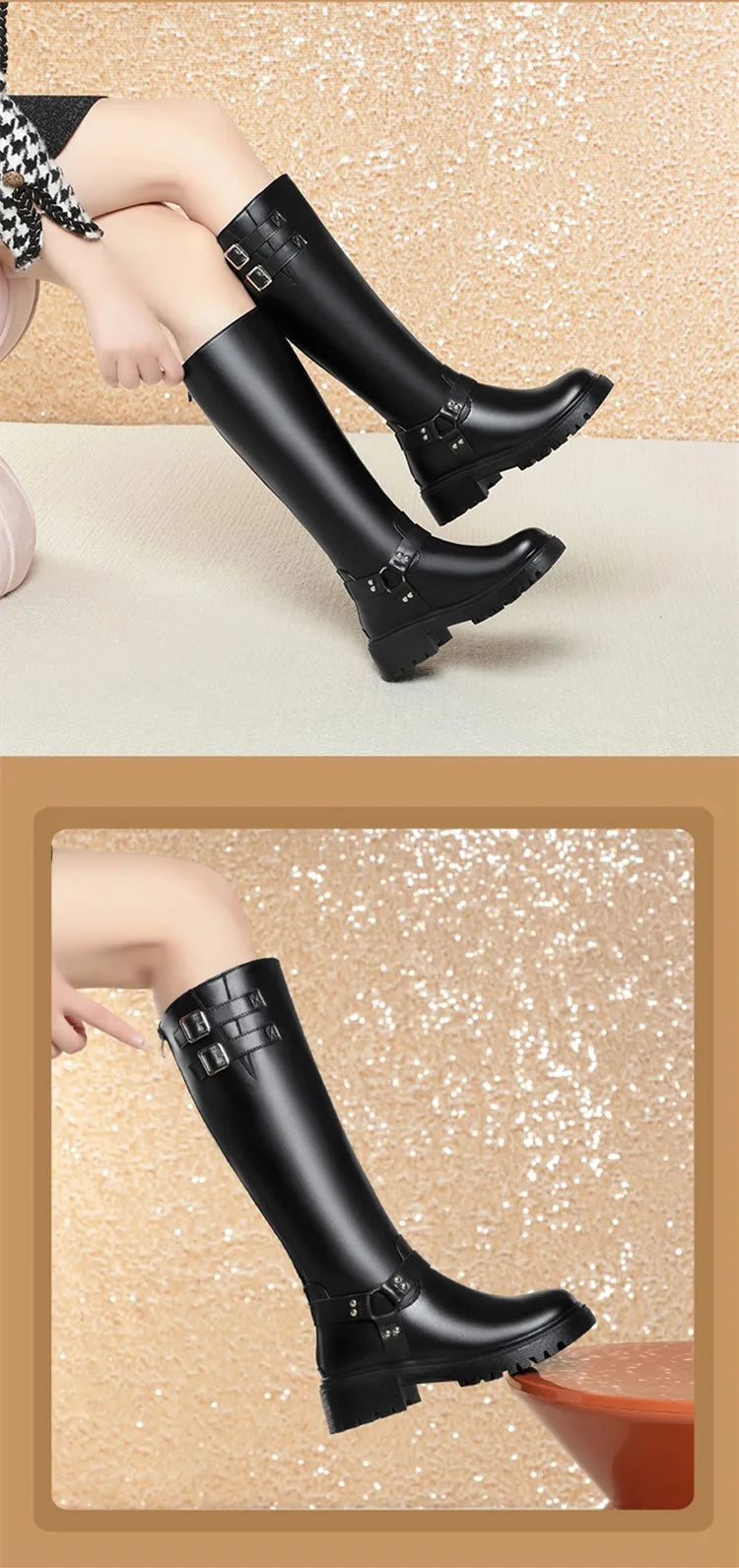 Schwarze Langschaftstiefel am Fuß, mit Schnallenriemen und Nieten, dicke Profilsohle