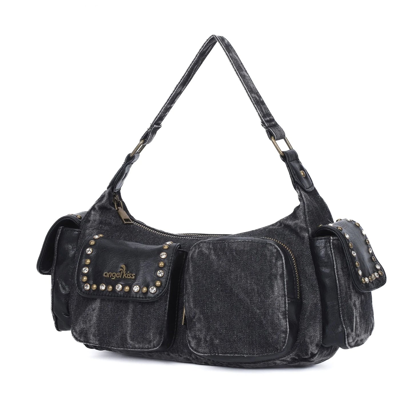 Damen-Schultertasche aus Denim und Canvas mit Reißverschluss und großem Hauptfach und Smartphonefach