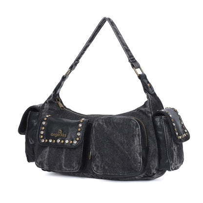 Damen-Schultertasche aus Denim und Canvas mit Reißverschluss und großem Hauptfach und Smartphonefach