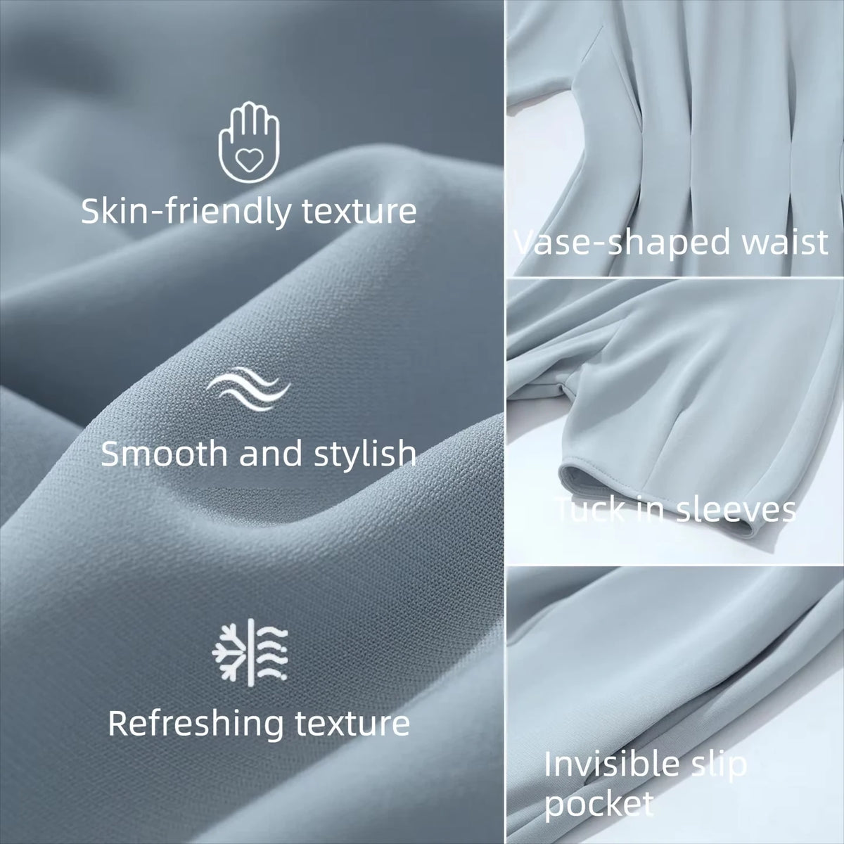 Stoffdetails: glatte, feine Textur am hellblauen Midi-Kleid