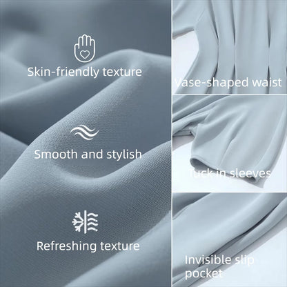 Stoffdetails: glatte, feine Textur am hellblauen Midi-Kleid