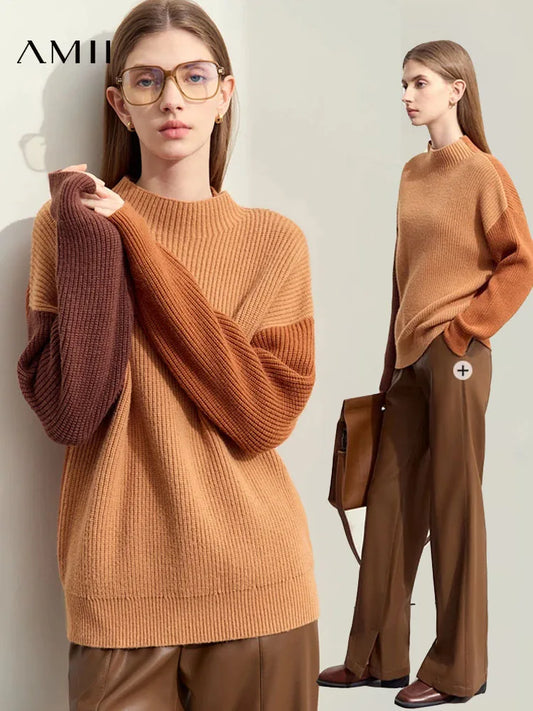 Rollkragenpullover aus Strick, langärmlig, gerippter Saum, rostbraun