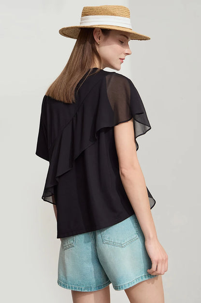 Damen Sommer-T-Shirt mit kurzen Schmetterlingsärmeln und Rundhalsausschnitt