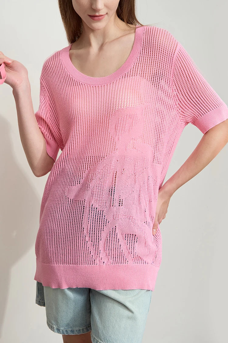 AMII Damen-Pullover in Rosa mit Kurzarm und U-Ausschnitt, Lochmuster-Jacquard