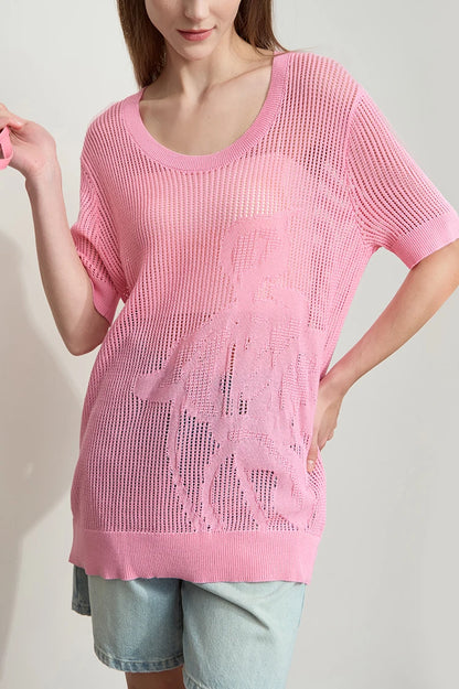 AMII Damen-Pullover in Rosa mit Kurzarm und U-Ausschnitt, Lochmuster-Jacquard