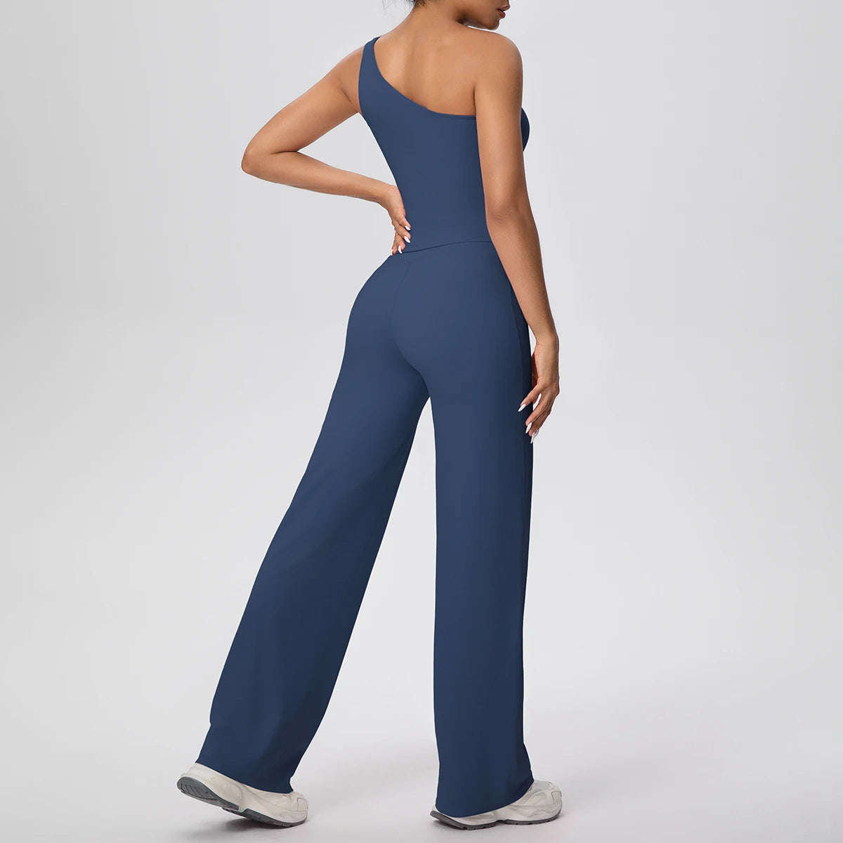 Dunkelblaues Yoga-Set: ärmelloses Top mit Brustpolster, lange Hose, Rückansicht