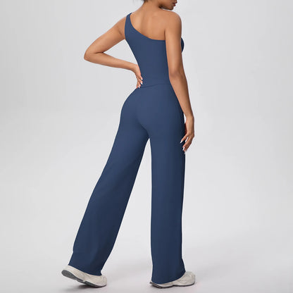 Dunkelblaues Yoga-Set: ärmelloses Top mit Brustpolster, lange Hose, Rückansicht