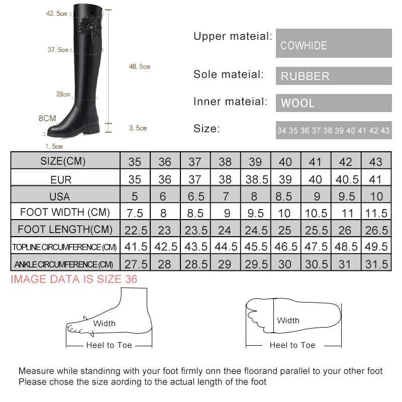 Overknee-Stiefel Größentabelle mit Maßangaben zu Weite, Länge und Umfang