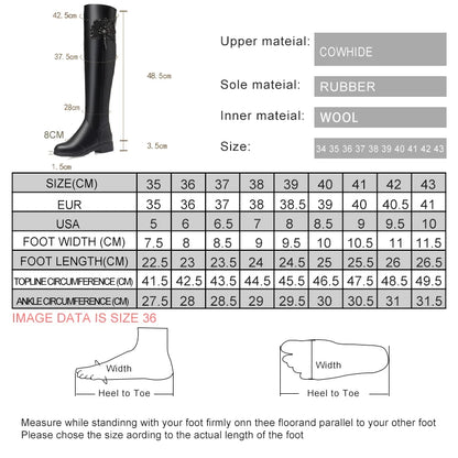Overknee-Stiefel Größentabelle mit Maßangaben zu Weite, Länge und Umfang