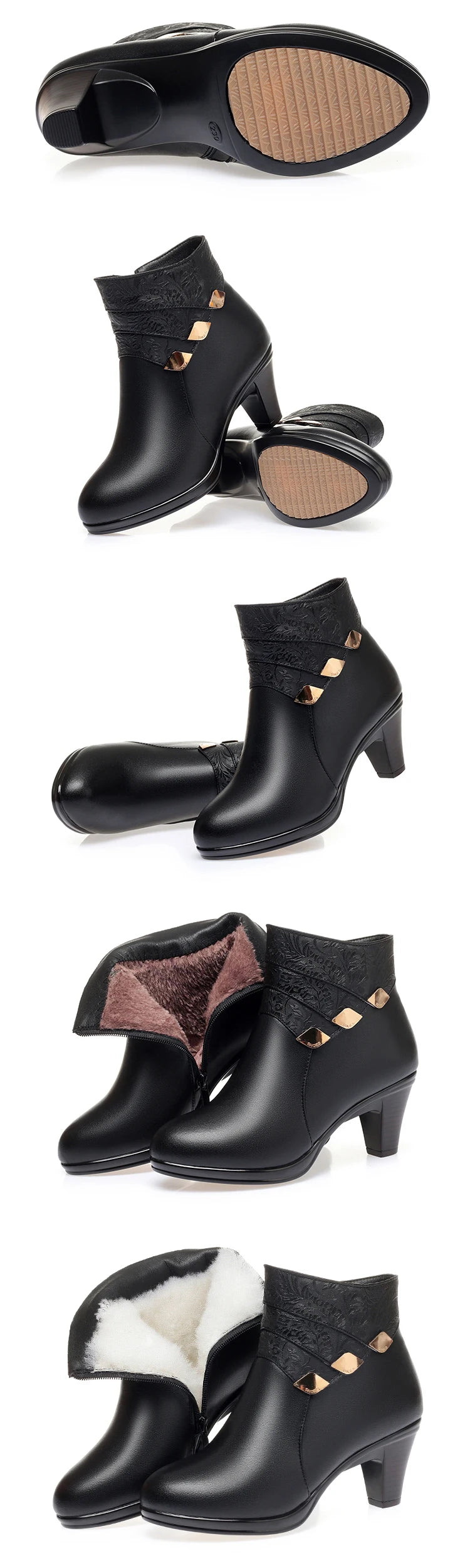 Schwarze Damenstiefeletten mit Blockabsatz, Zier-Schnallen und Außensohle