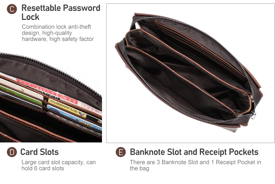 Innenraum der Leder-Clutch mit Kartenfächern, Banknotenfach und Quittungssteckfach.