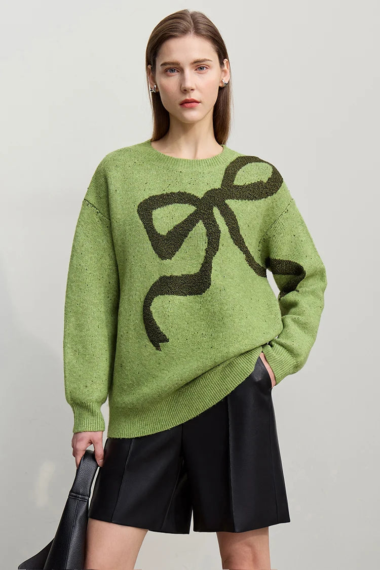AMII Damenpullover, grün, Bow- Jacquard-Print, lockere Passform, lange Ärmel