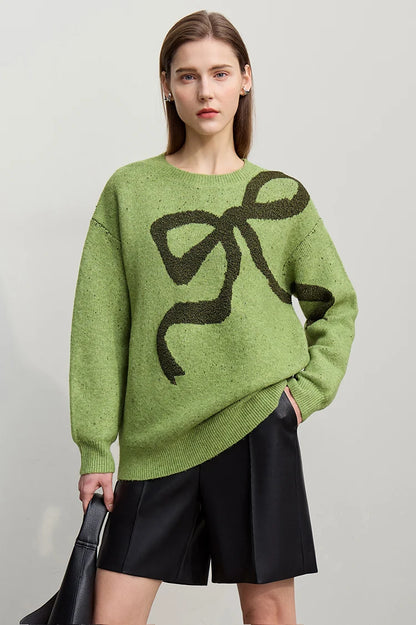 AMII Damenpullover, grün, Bow- Jacquard-Print, lockere Passform, lange Ärmel