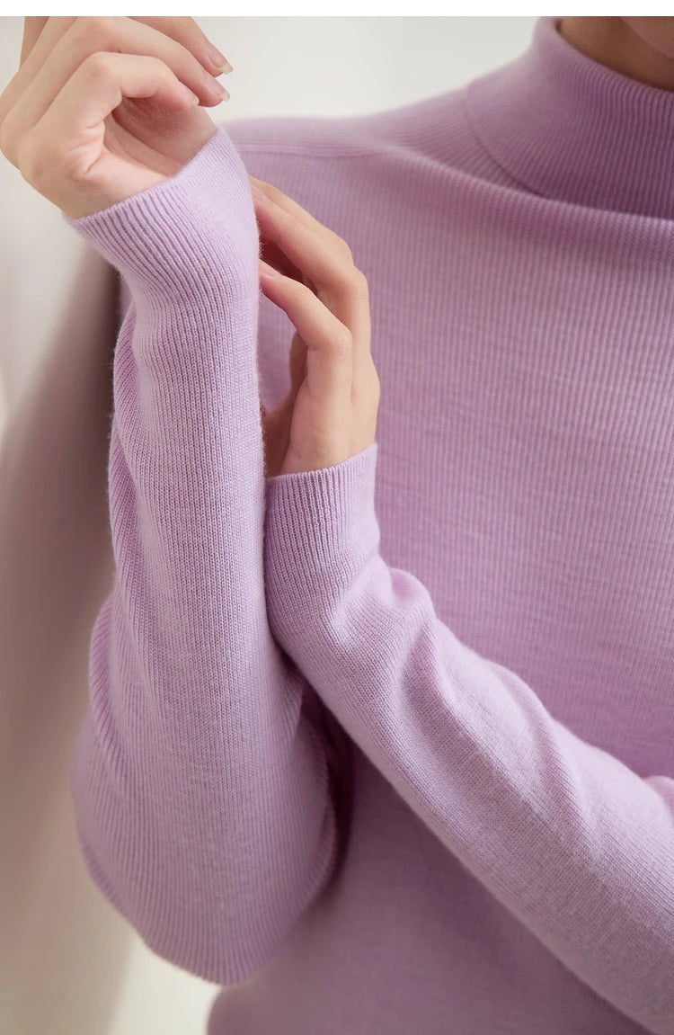 Damen-Rollkragenpullover 100 % Wolle Kammgarn schlank Winter